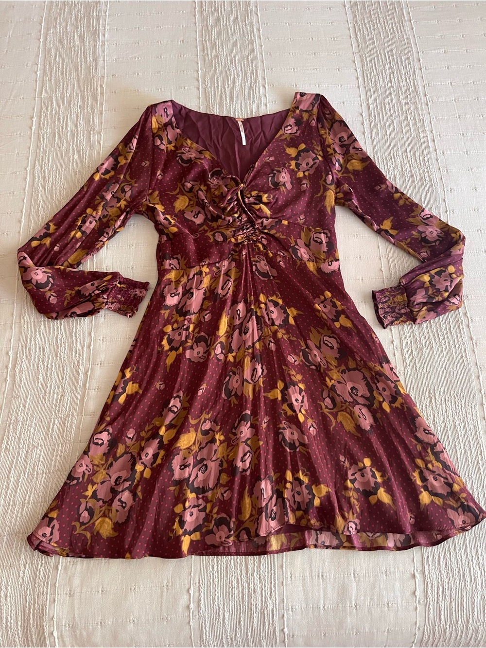 Free People Burgundy Floral Long Sleeve Ruched V-Neck Dress
